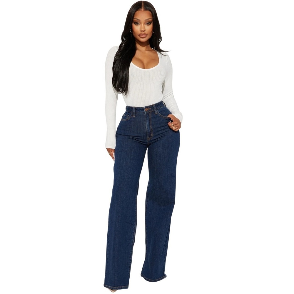 Fashion Nova Chasing Thrills Stretch Wide Leg Jeans Dark Wash Size 0 NWT